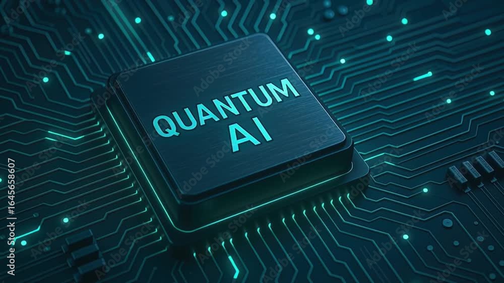 Aufkleber quantum ai chip circuit board glowing blue lines futuristic technology innovation advanced computing