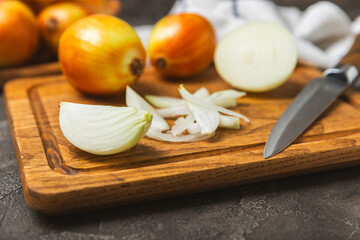 Onion on the kitchen table. onion slice. onion rings. Fresh Yellow Onion. Natural, fresh,...