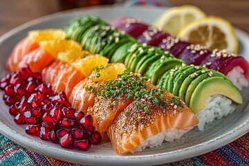 A colorful and delicious plate of assorted sushi rolls featuring salmon, avocado, pomegranate, and orange, beautifully arranged and garnished with fresh herbs