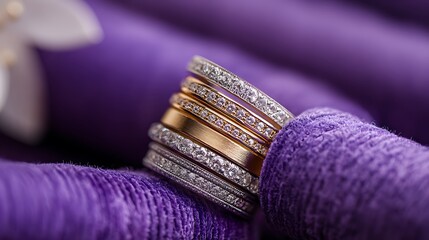 Stacked luxury rings on violet velvet rolls with clean shadow backdrop