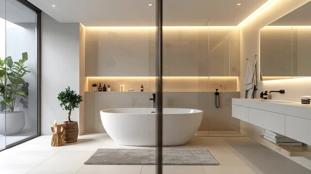 Luxurious bathroom with a freestanding tub, plants, modern fixtures, and a large window. Warm lighting adds elegance
