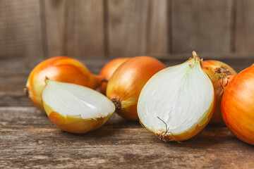 Onion on the kitchen table. onion slice. onion rings. Fresh Yellow Onion. Natural, fresh,...