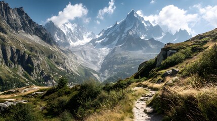 Mountain path leading to a snowy peak.