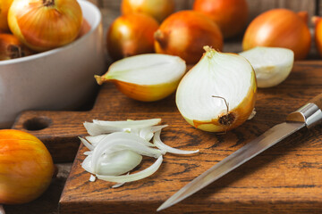 Onion on the kitchen table. onion slice. onion rings. Fresh Yellow Onion. Natural, fresh,...