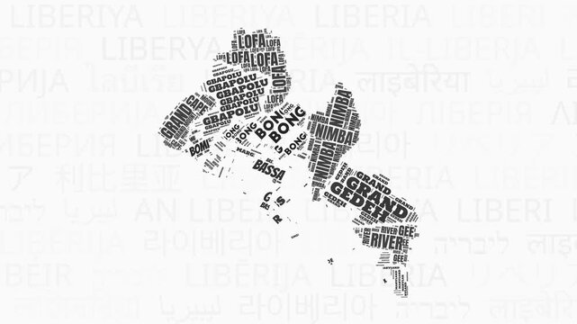 Liberia intro animation. Country with regions illustration video. Background with country names in various languages. Regions of Liberia animation. Classy video.