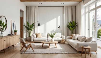 Fototapeta premium the fusion of modern and scandinavian styles creates fresh airy interiors combining functional minimalist furniture with warm natural textures and soft neutral tones for cozy elegance.