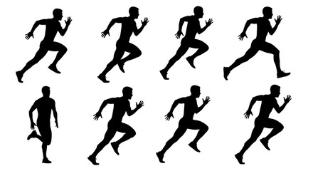 Several muscular athlete silhouettes sprint with determined expressions against a white transparent background