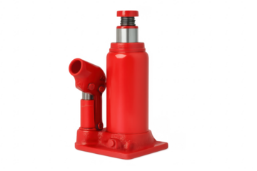 Red hydraulic bottle jack lifting equipment on transparent background