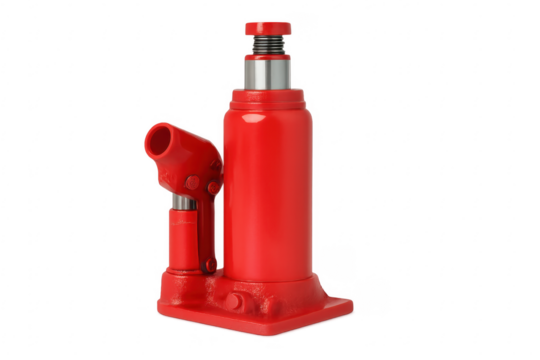 Red hydraulic bottle jack lifting equipment on transparent background