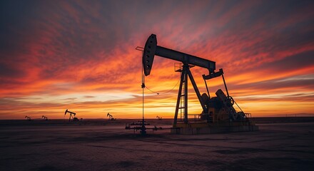 Oil pumps silhouette against a vibrant sunset sky over a dry cracked landscape