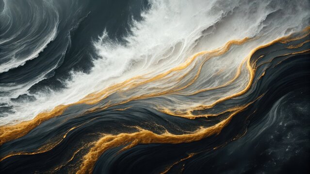 Abstract fluid background with swirling dark, white, and gold metallic textures - Powered by Adobe