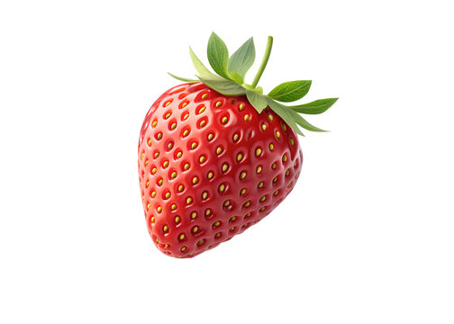 A single strawberry with green leaves on top isolated against a black background in a studio shot