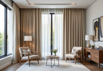 Fototapeta premium modern curtains often use floor to ceiling panels in neutral shades that add height and sophistication to interiors providing a streamlined look that enhances minimalist and contemporary designs.