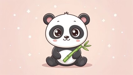 A cute cartoon panda sitting and holding a bamboo stalk against a light pink sparkly background