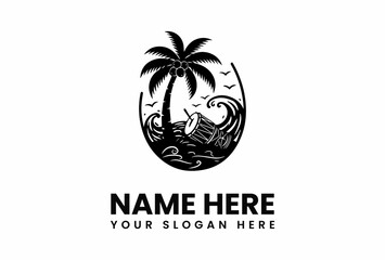 Black and white logo depicting a tropical beach scene with a palm tree, waves, and a barrel.