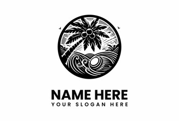 Black and white graphic design of a tropical scene, featuring a palm tree, waves, and coconuts, set within a circle.
