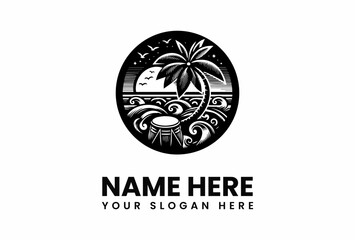 A stylized black and white logo depicting a tropical beach scene with a palm tree and waves.