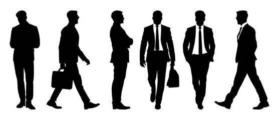 Silhouettes of Businessman character in different poses. Business man in formal suit standing front, back, rear, side view, profile. Vector black illustrations on white background