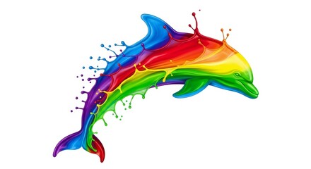 Obraz premium Splashing multicolored rainbow paint shaped like a dolphin on a solid white background