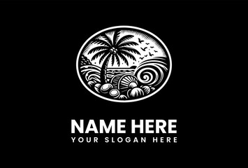 Black and white graphic design of a tropical island paradise, featuring palm tree, ocean waves, and seashells.