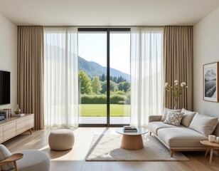 Fototapeta premium using wide panels of fabric in modern curtains creates a flat streamlined look that complements large windows and open spaces typical of contemporary minimalist interiors.