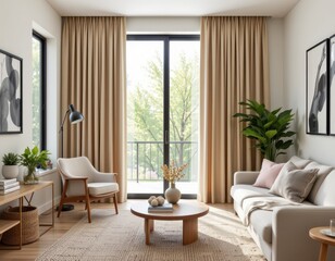 the color selection for modern curtains often sticks to muted earth tones or monochromatic schemes supporting a calming environment and enhancing the connection with natural materials in the room.