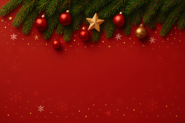 Red Christmas background decorated with green pine branches, Christmas balls and space for text.