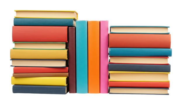 Stacked books display library setting indoor knowledge and learning environment. Cut out png