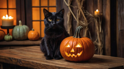 Black cat with bright yellow eyes sitting next to a carved jack-o’-lantern, moody candlelight
