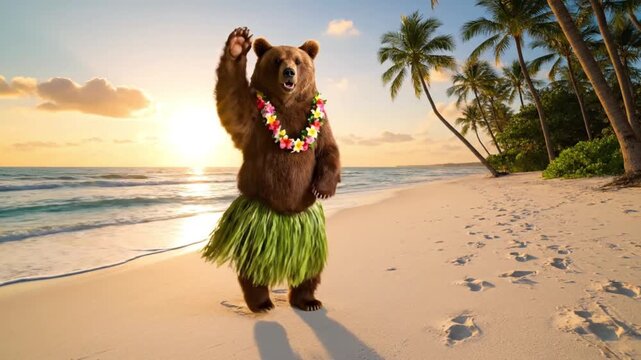 funny bear dancing hula on tropical beach sunset