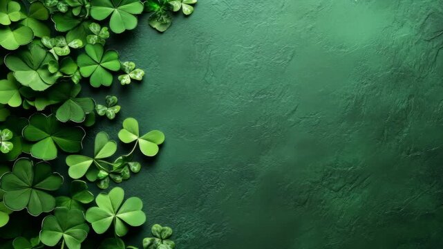 Fresh green clovers arranged on a textured dark green background creating a festive frame, perfect for saint patrick's day projects