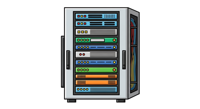 Illustration of a server rack with multiple servers and colorful cables against a black background on transparent background