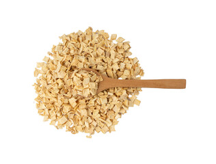 Dry parsley root, dried diced celery cubes, scattered small liquorice pileces, dry vegetable