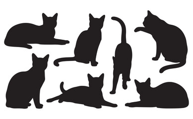 Black Cat Silhouette Set in Various Poses Isolated on White Background for Design and Decoration