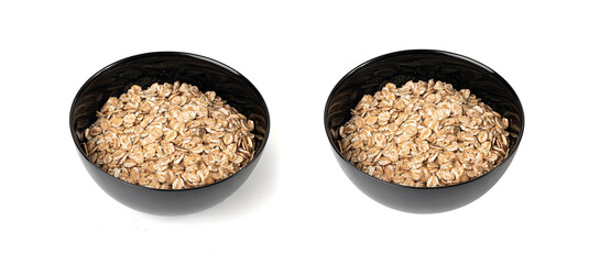 Spelt flakes isolated, dry raw rolled flat oat grains, wheat, oatmeal or bran, barley rye cereals