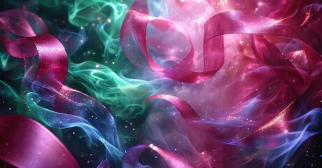 Vibrant ribbons swirl, blending pinks, blues, greens. Smokelike textures create dynamic, ethereal composition. Glittering specks add sparkle.