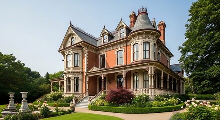 Grand victorian mansion with intricate architectural details, surrounded by lush gardens and manicured lawns, showcasing a blend of historical elegance and timeless beauty