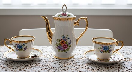 Elegant porcelain tea set with floral design, including a teapot and two cups, arranged on a lace tablecloth, evoking a sense of vintage charm and refined taste