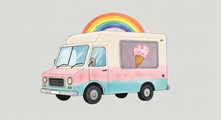 Cute Watercolor Ice Cream Truck with Rainbow Illustration