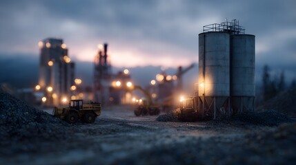 Obraz premium Illuminated cement plant with towering silos and heavy hinery at night