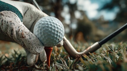 Close-up of golfer's hand in glove placing golf ball on tee