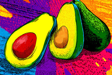 Colorful illustration of avocados, showcasing their vibrant colors against a dynamic background