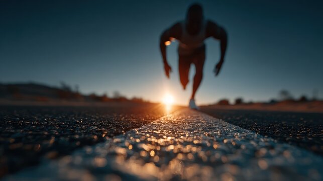 Silhouette of runner poised at starting line, sunburst