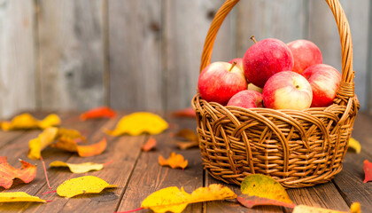 Autumn harvest scene with a wicker basket full of ripe red apples and colorful fallen leaves on a rustic wooden background