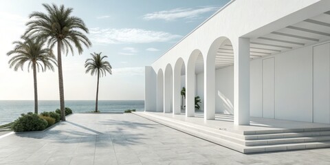 Minimalist Beachfront Villa Archway Composition, Palm Trees, Ocean View, 3D Render, Architecture Design keywords Architecture, 3D rendering