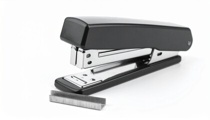 Professional black desk stapler with staple refills on an isolated white background, an essential stationery item for office work, administration, and binding documents together.