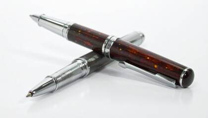 Fototapeta premium A stylish set of executive writing pens, a fountain and ballpoint pen with rich wooden barrels and chrome details, crossed on a white background