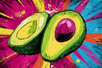 Vibrant illustration of halved avocados on a colorful, dynamic background with splashes