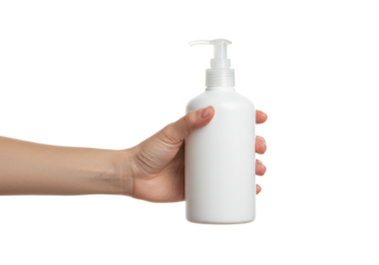 Hand holding white pump bottle studio setting product minimalistic environment personal care concept. Cut out png