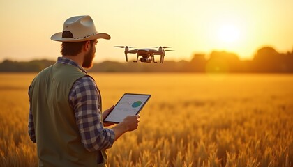 Landwirt steuert Drohne über goldenem Weizenfeld bei Sonnenuntergang
